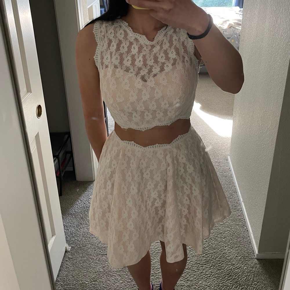 Light Pink / White Two Piece Lace Top and Skirt Dress Set